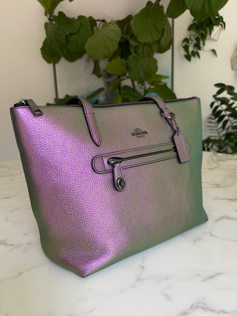 Coach Taylor Tote In Hologram Oil Slick Leather Purple Green Top Zip Large 57329 - Picture 3 of 16